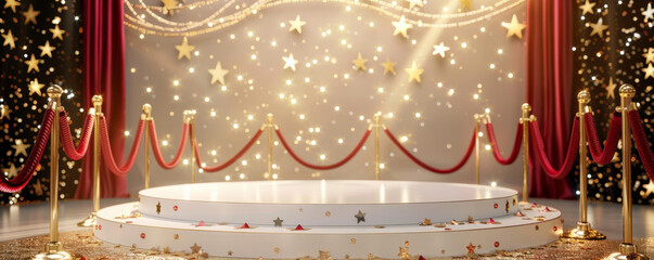 Winner award podium background with a glossy white podium and metallic gold details, surrounded by red velvet ropes and a star-studded backdrop, exuding luxury and celebration