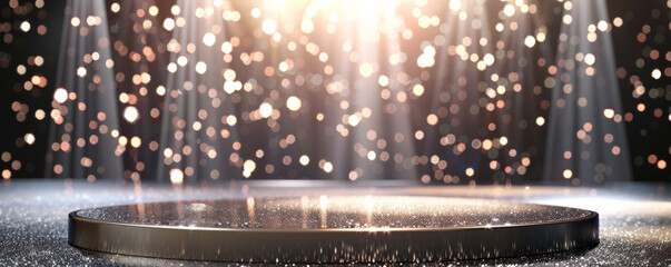 Winner award podium background with a high-gloss black podium, accented with silver and white, against a backdrop of sparkling lights, creating a pristine and celebratory scene