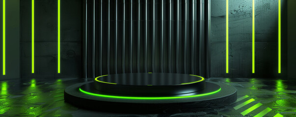 Fototapeta premium Winner award podium background with a matte black podium and neon green accents, set against a dark background with abstract light patterns, creating a modern and edgy look