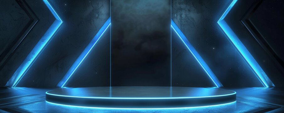 Winner award podium background with a matte black podium and neon blue accents, set against a dark backdrop with abstract light patterns, creating a modern and edgy look