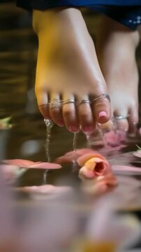 Close-up shot of a young woman's feet adorned with silver toe rings touching water with floating rose petals. Taken at dusk, presenting a serene and peaceful mood.