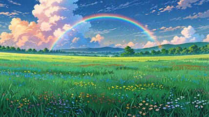 Field of green grass with rainbow arching over it