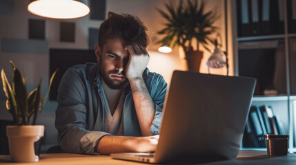 A man, overwhelmed and tired, rests his head on his hand while working late at night on his laptop, highlighting the exhaustion from prolonged work hours.
