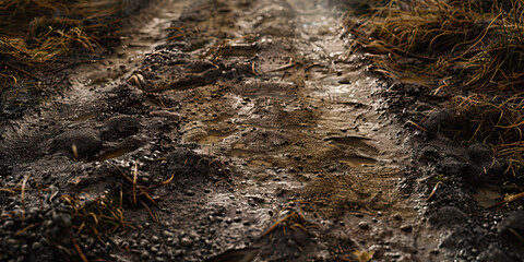 Fototapeta premium Countryside Mud: Close-Up Texture of Wet Mud Path, Conveying Earthy Tones and Rural Pathway Aesthetics
