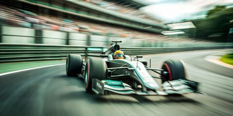 Formula One Racer Blazing the Track. A sleek Formula One race car speeds down the track, its aerodynamic design cutting through the air. The blurred background emphasizes the incredible velocity.