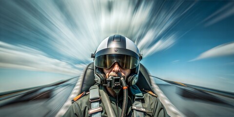 Fototapeta premium Jet Fighter Pilot in Action. Dynamic close-up of a military pilot in helmet and goggles, with motion blur conveying high speed and intensity.