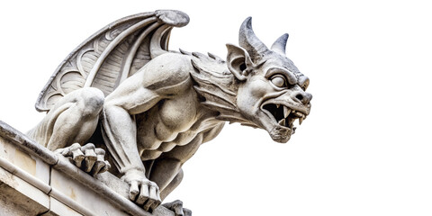 Menacing Gargoyle Perched on Gothic Architecture. A close-up view of a fierce stone gargoyle statue with wings, horns, and a grimacing expression.