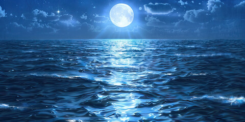 Moonlit Ocean: Close-Up Texture of Rippling Ocean Water under Moonlight, capturing Serene Nighttime Atmosphere