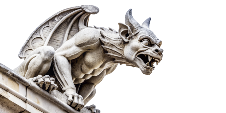 Menacing Gargoyle Perched on Gothic Architecture. A close-up view of a fierce stone gargoyle statue with wings, horns, and a grimacing expression.