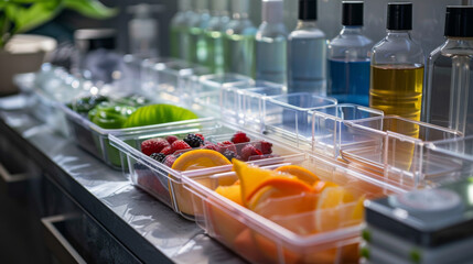 A variety of fresh fruits and clear bottles arranged neatly on a kitchen counter, emphasizing cleanliness and healthy eating.