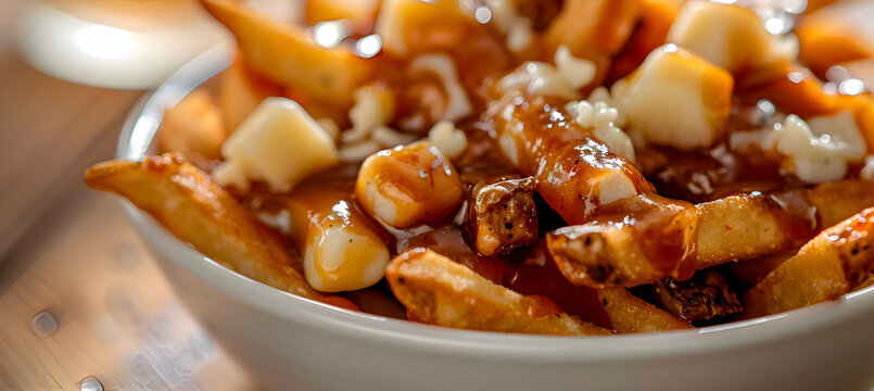 Close-up of fast food poutine showcasing detailed textures of the crispy fries, melting cheese curds, and rich gravy