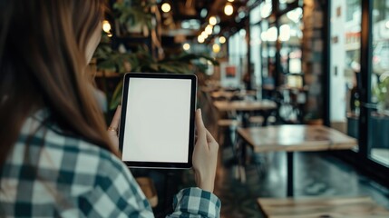 Woman holding a tablet with a blank screen in a modern cafe setting, perfect for presentations, digital marketing, and technology concepts.