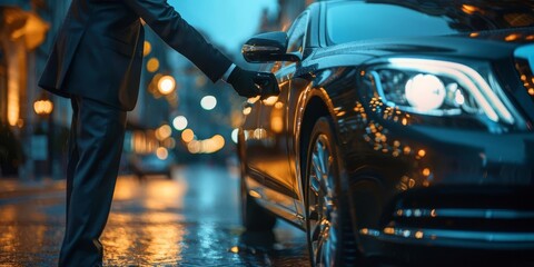 A chauffeur opens the car door for a passenger