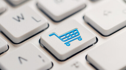 A close-up view of a computer keyboard with a special key featuring a shopping cart icon, symbolizing the ease and accessibility of online shopping.