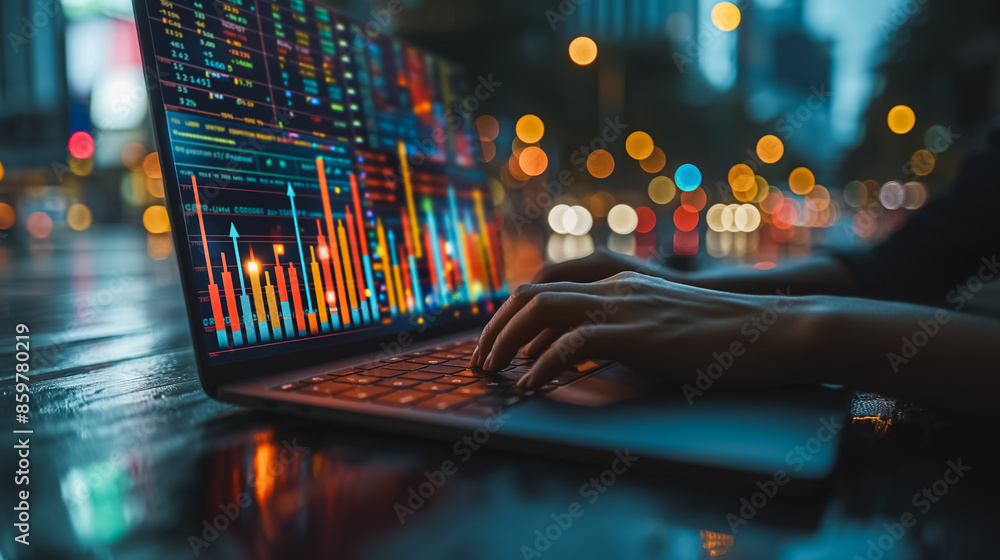 Poster a person is typing on a laptop with a screen displaying a graph. concept of focus and concentration 