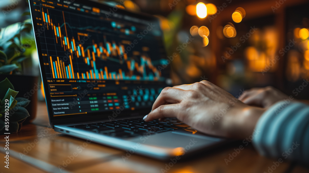 Poster a person is typing on a laptop with a graph on the screen. the graph shows a downward trend, which c