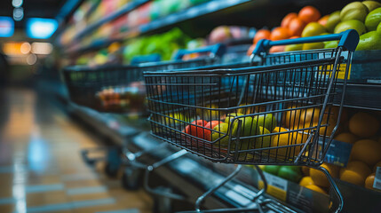 A shopping cart full of fruit and vegetables in a grocery store