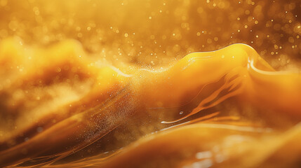 A yellow liquid with a lot of bubbles and a lot of light reflecting off of it. The bubbles are floating in the air and the liquid is moving