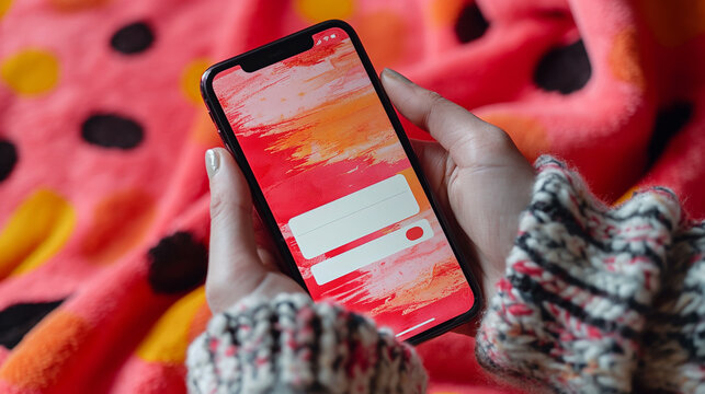 A person is holding a cell phone with a red background