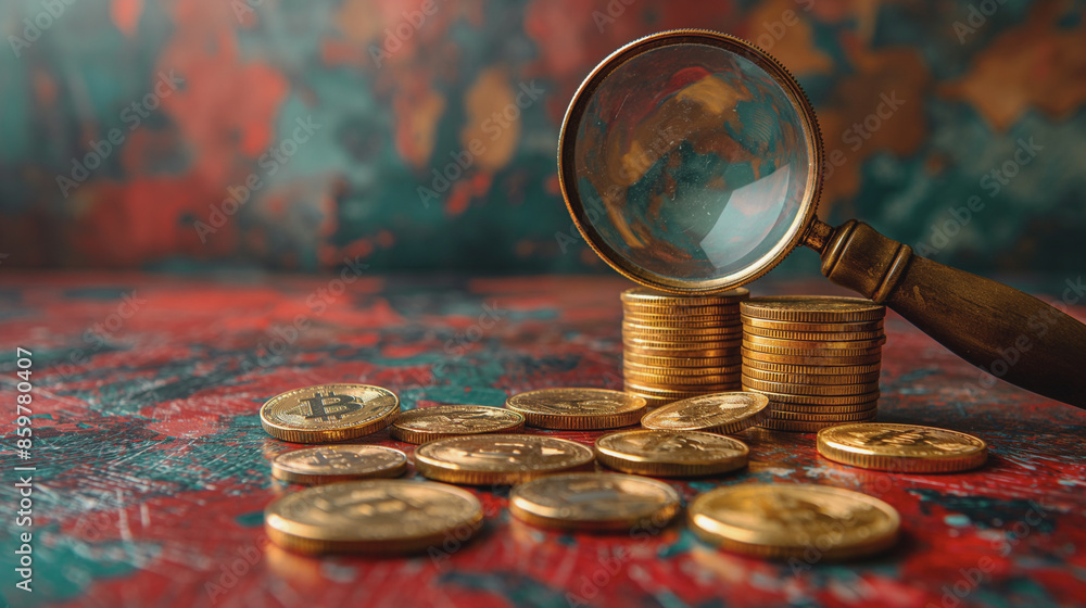 Poster a magnifying glass is on top of a pile of gold coins. the coins are arranged in a pyramid shape, wit