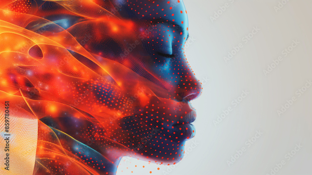 Poster a woman's face is shown in a computer generated image with a red and blue color scheme. the image ha