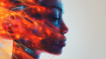A woman's face is shown in a computer generated image with a red and blue color scheme. The image has a futuristic and abstract feel to it