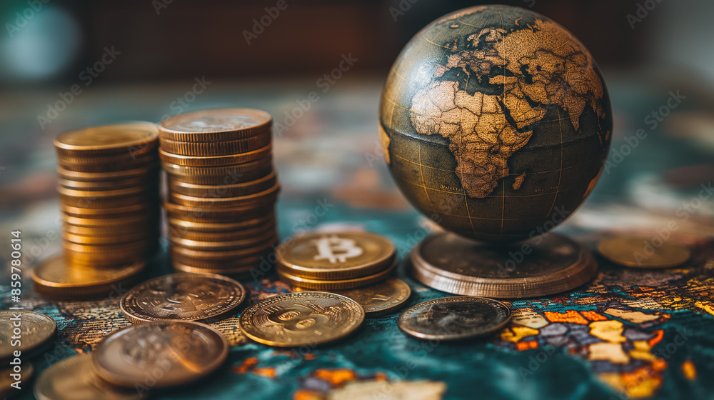Poster a pile of coins and a globe on a table. the coins are of different sizes and colors, and the globe i