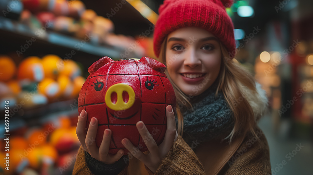 Sticker A woman is holding a piggy bank in a store. She is smiling and she is happy