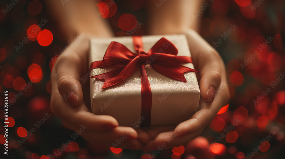 Poster a person is holding a white box with a red bow on it. the box is wrapped in red paper and has a red 