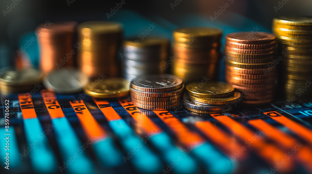Poster a stack of coins on a table with a blue background. the coins are of different sizes and colors, inc
