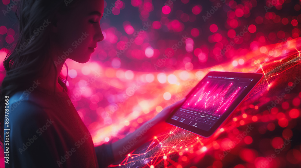 Poster a person holding a tablet with a digital line dot on the screen, linked to a neural network-like str
