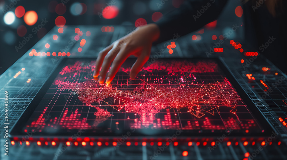 Poster a person holding a tablet with a digital line dot on the screen, linked to a neural network-like str