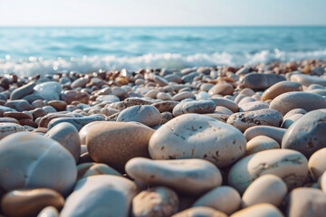 Obraz premium Pebble beach with smooth stones leading to the ocean under a bright sky creating a serene and picturesque scene
