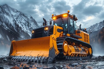 Yellow Bulldozer Clearing Path Through Snowy Mountains