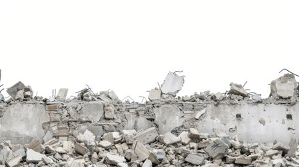 Destroyed building debris on white background Remnants of concrete walls steel and cement fragments Symbolizing demolition or collapse Area for text