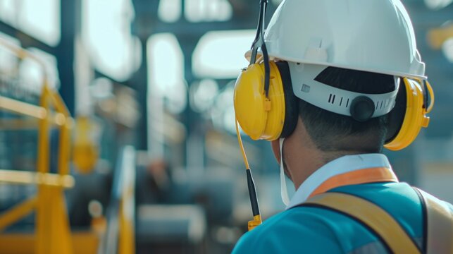 Supervisor construction worker wearing side impact rope access safety white helmet attached with yellow noise disruptive earmuffs protection