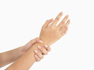 Young woman suffering from wrist pain, numbness, or carpal tunnel syndrome.  Health concept.