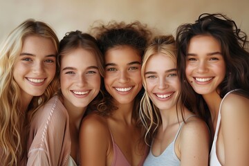 Obraz premium Skincare Promotional Portrait: Diverse Women Smiling in Studio Group Shot