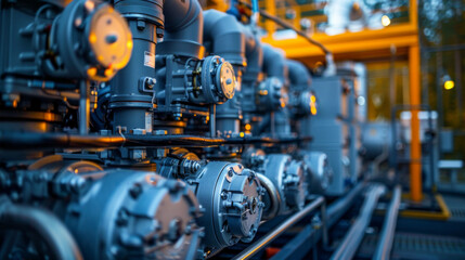 Fototapeta premium Close-up of complex industrial machinery, highlighting valves and piping, with a background of additional equipment.