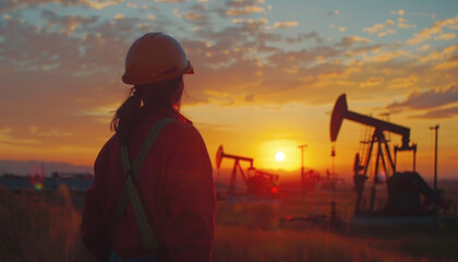 Fototapeta premium A worker in protective gear stands in a field, watching oil pumps operate as the sun sets, casting an orange glow over the scene.