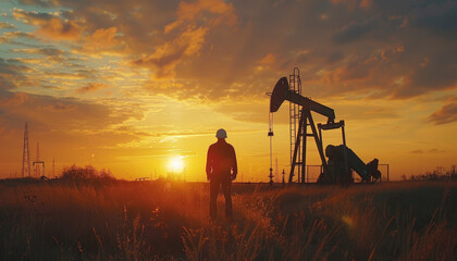 A silhouette of a worker stands in a field beside an oil pumpjack during a sunset, highlighting the landscape and machinery.