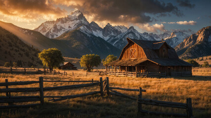 Golden hour lighting up a farm and mountain landscape