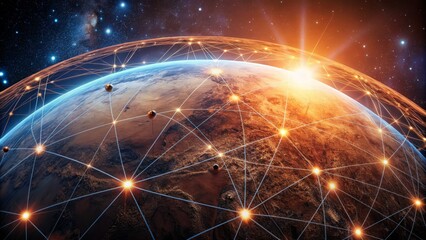 A futuristic illustration of mars with a global network of interconnected lines and glowing orbs representing digital marketing, finance, and banking.,hd,8k.