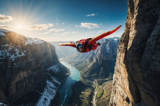 Wingsuit pilot is enjoying an extreme flight over a beautiful mountain valley during sunset