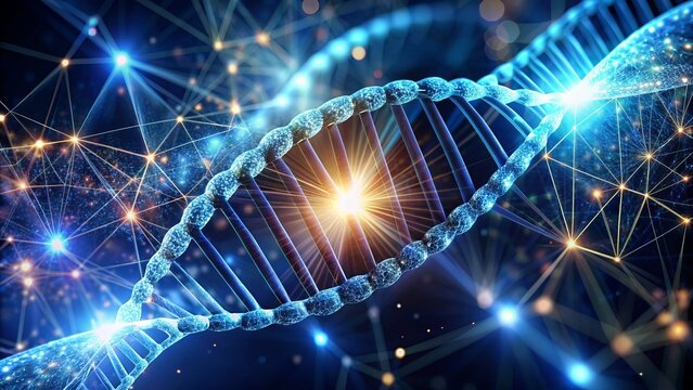 Illuminated dna strand with digital nodes, symbolizing the fusion of biology and cutting-edge technology, representing modern biotechnology advancements in a futuristic abstract environment.,hd,8k.