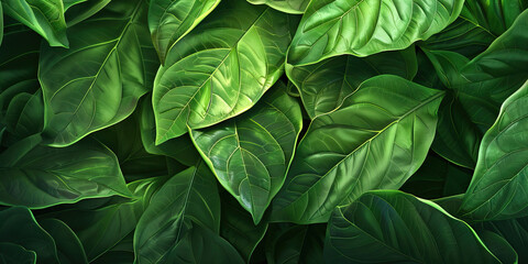 Lush Foliage: Close-Up Texture of Vibrant Green Leaves, Highlighting Veins and Leaf Patterns.