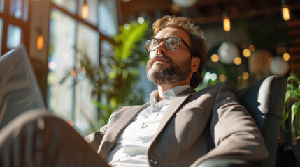 Fototapeta premium A contemplative man in a suit, sitting in a bright office space, appears deep in thought, surrounded by greenery and modern decor.