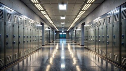 Fototapeta premium A dimly lit, empty high school hallway stretches out, lined with rows of gray lockers, faded bulletin boards, and worn, polished floors.,hd,8k.