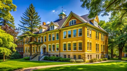 Yellow-brick exterior of a classic public school building surrounded by lush greenery and towering trees under a bright blue sunny sky on a clear day.,hd,8k.