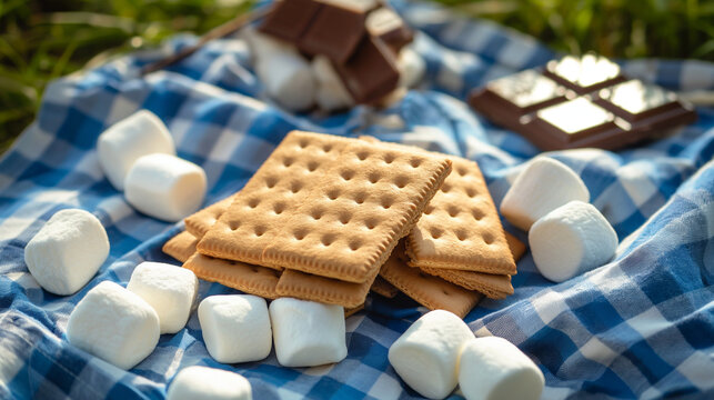 S’mores ingredients laid out on a picnic blanket, crackers, marshmallows, and chocolate ready for assembly